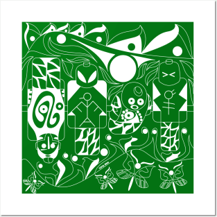 green alien mask in mayan pattern ecopop Posters and Art